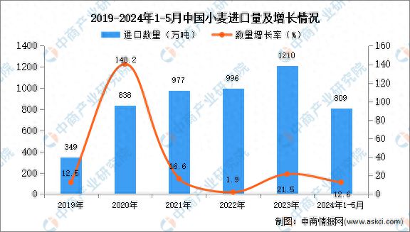 2024年1-5月中国小麦进口数据统计分析：进口量809万吨(图1)