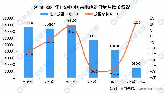 2024年1-5月中国蓄电池进口数据统计分析：进口量31362万个(图1)