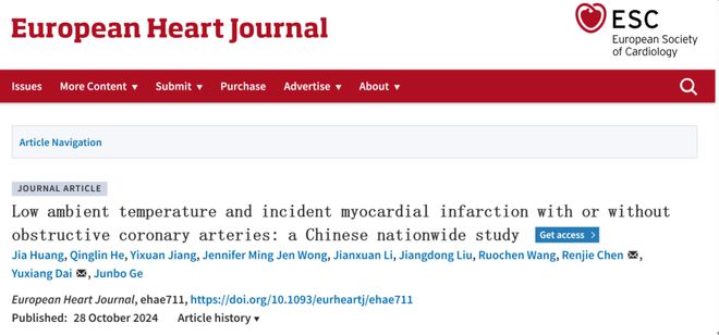 EHJ：胸痛中心大数据揭示低温暴露增加MINOCA发病风险同时相关性较MI-CAD更为显著(图1)